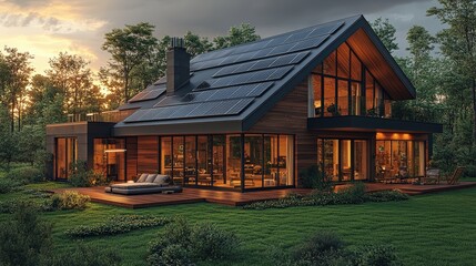 Obraz premium Luxury house with roof full of solar panels alternative and renewable energy source roof tile, clear sunny sky daytime. Eco-friendly photovoltaic electricity