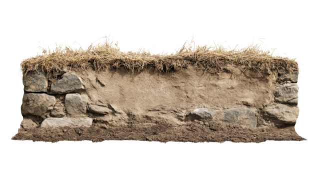 Cross-section of soil layers with grass and rocks, showcasing the geological structure and textures in an outdoor environment.