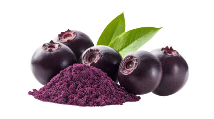 Fresh acai berries with vibrant purple acai powder on white background. Perfect for healthy lifestyle, superfood, and antioxidant concepts.