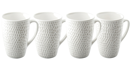 Four White Textured Coffee Mugs on Clean Background Generative AI