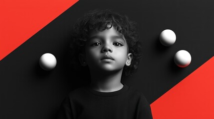 Modern minimalistic illustration depicting a child's figure on a background divided into black and red parts. Bright contrast of colors enhances the visual effect