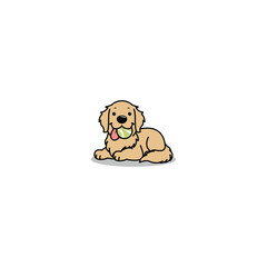 Cute golden retriever with tennis ball laying down cartoon, vector illustration