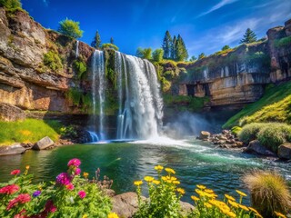 Fototapeta premium Stunning Dry Falls Waterfall in Nature: Majestic Water Flow and Scenic Landscape for Travel Photography