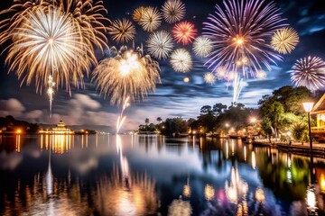 Fototapeta premium Stunning Fireworks over Lake during Diwali Festival Celebration at Night
