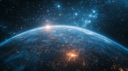 Earth from Space with City Lights and Interconnected Lines