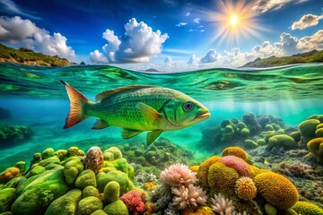 Stunning Green Fish Swimming in Clear Water - Vibrant Aquatic Life