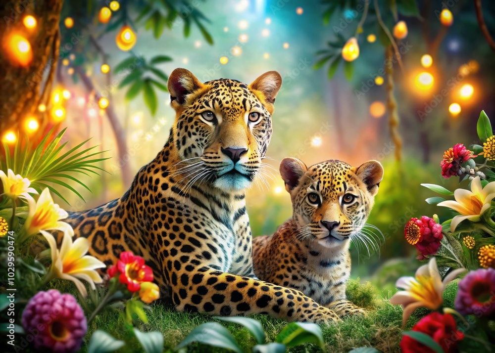 Poster stunning leopard characters in a bokeh wonderland