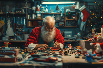 Santa Claus Working in his Toy Workshop Creating New Toys for Christmas with a Joyful and Magical Holiday Spirit
