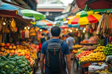 Backpacker Exploring Southeast Asian Street Market. Vibrant Colors and Stalls.