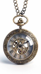 Classic pocket watch, white background, 4K hyperrealistic photo