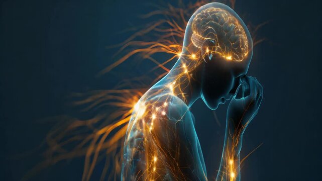 Multiple Sclerosis (MS): The Numbness and Tingling - Imagine a person with highlighted nervous system showing demyelination, experiencing numbness and tingling