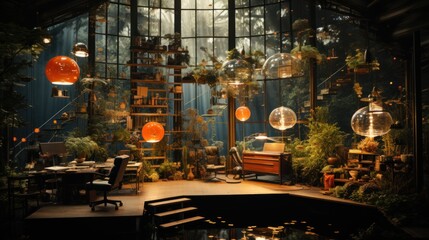 A Modern Greenhouse with a Desk, Plants and  Pendant Lamps