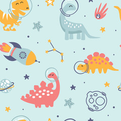 Childish Dinosaurs in the space seamless pattern. Cute blue cartoon, Dinos around planers and stars in flat style.