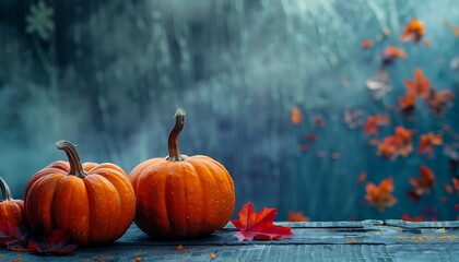 Halloween scene, pumpkins, leaves on wooden table, dark foggy backdrop, copy space for text.