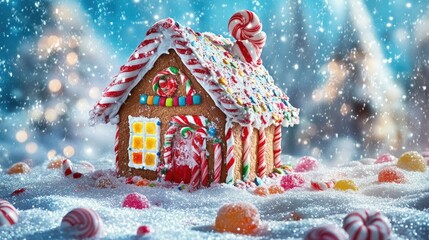 Festive gingerbread house decorated with colorful candies on a snowy surface. High resolution illustration