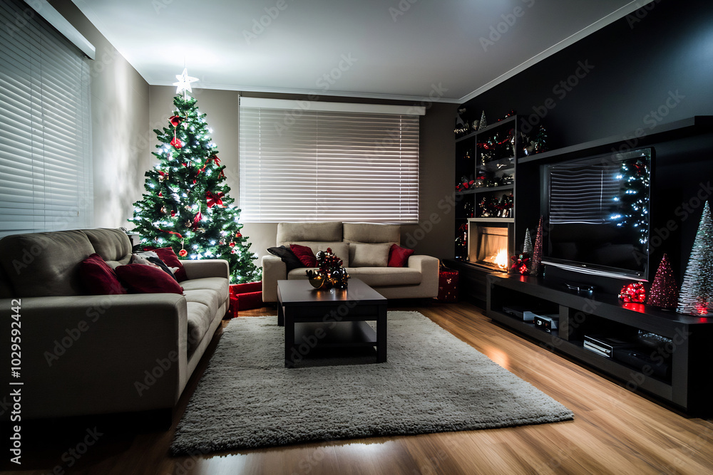 Wall mural cozy living room decorated for christmas with a tree, warm lighting, and holiday decor during the ev