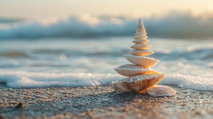 Christmas Tree Stacked Seashells on a Sandy Beach During Sunset Generative AI