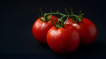 Three Ripe Tomatoes on a Vine with Water Droplets isolated on dark