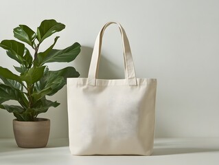 White Plain Canvas Tote Bag with Green Plant in a Pot