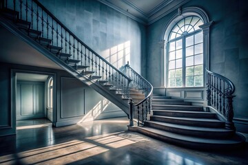 Obraz premium Mysterious shadows cast on a minimalist staircase in a haunted mansion