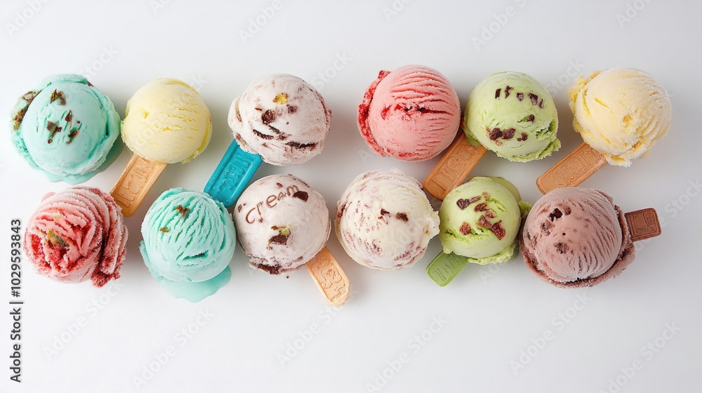 Poster colorful ice cream scoops on sticks arranged in a neat pattern generative ai