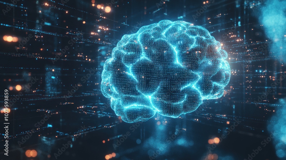 Aufkleber a digital rendering of a human brain, represented as a glowing, blue, three-dimensional mesh, is flo