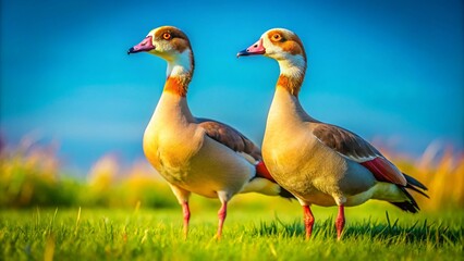 Fototapeta premium Stunning Panoramic View of Two Egyptian Geese Facing Each Other on Lush Green Grass