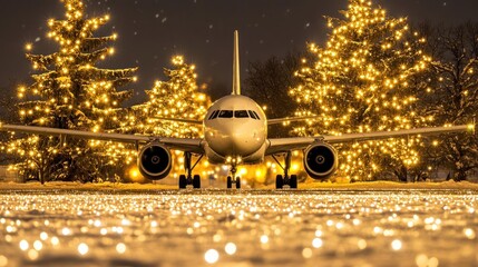Airplane Parked Between Two Christmas Trees at Night