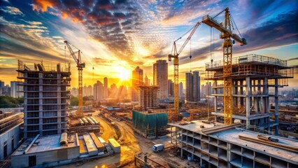 Naklejka premium Construction site in a city during a stunning sunset. The cranes and unfinished buildings create a dynamic and powerful image of progress.
