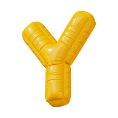 Y. Yellow volumetric letter Y with a glossy texture. Letter in the form of a balloon isolated on a transparent background. PNG 3D render. Letter of the Latin alphabet.