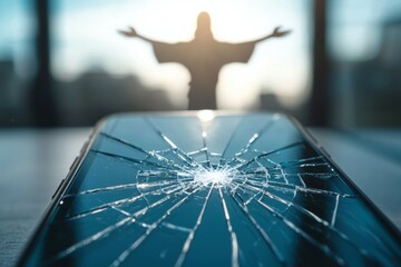 A cracked phone screen with a cross in the background