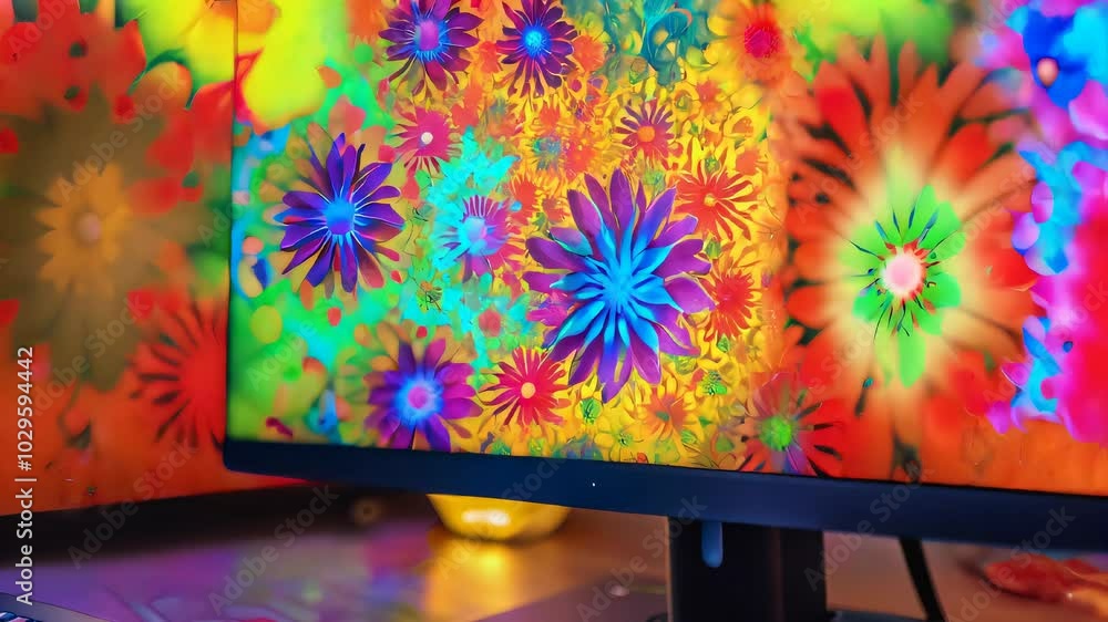 Poster fluorescent fractals: a desktop computer, with a monitor displaying psychedelic geometric shapes