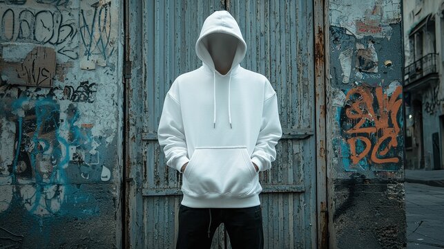 A person stands confidently wearing a white hoodie in front of a graffiti-covered wall in an urban setting, showcasing a modern streetwear style.