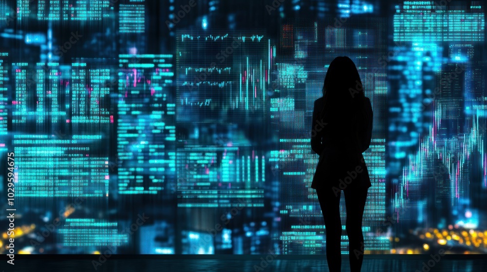 Poster silhouette of a woman observing digital data and code