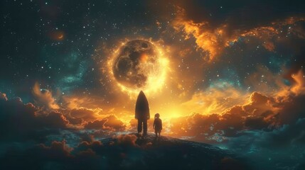 Obraz premium A child and a rocket silhouette against a cosmic, fiery backdrop of the moon and clouds.