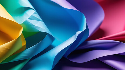 Abstract background of light bright crumpled to center paper, pink, yellow, blue and orange paper, ai generated