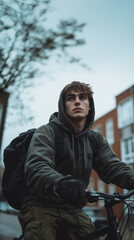 young man in a hoodie with attitude and urban style riding a bicycle in the city
