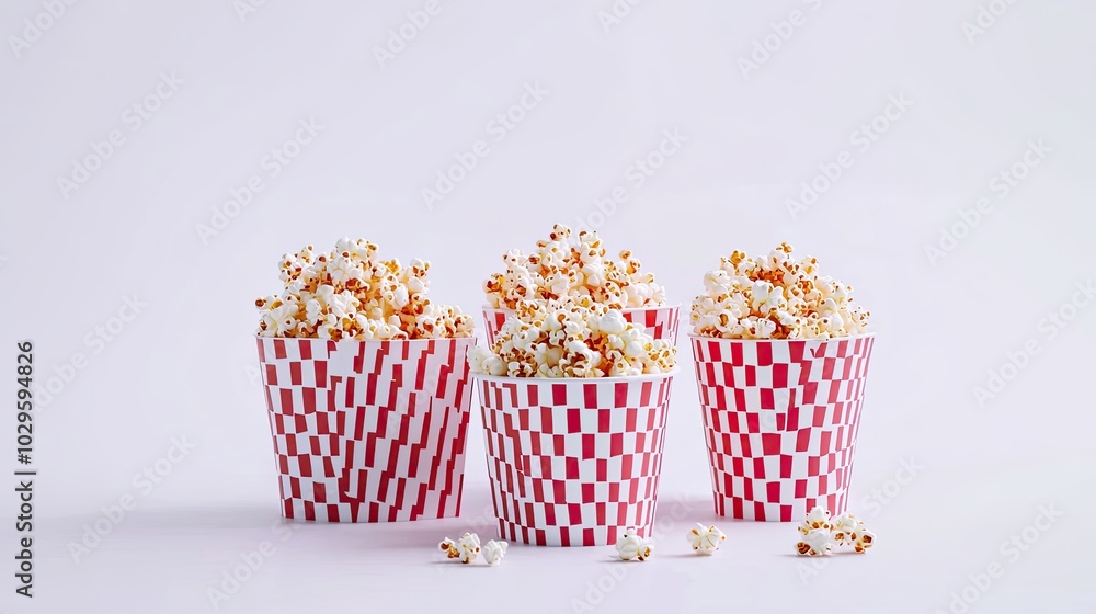 Poster red and white paper buckets filled with popcorn on a plain background generative ai