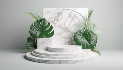 Empty white round podium and natural green branch with shadows on light grey background Showcase or pedestals and arches for natural cosmetic products presentation in studio, empty mockup