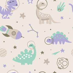 Childish Dinosaurs in the space seamless pattern. Cute dinos around planers and stars in flat style.