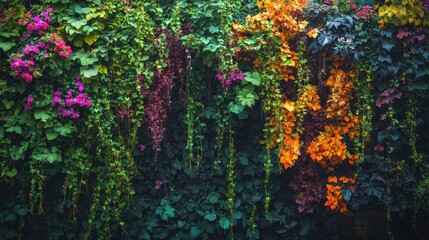 A vibrant wall covered in lush green, purple, and orange vines with pink flowers.