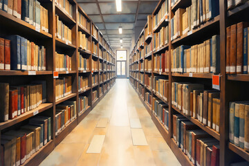 Obraz premium Narrow aisle lined with bookshelves full of books in library