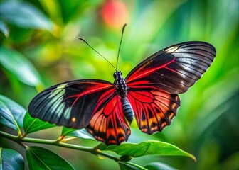 Naklejka premium Stunning Red and Black Tropical Butterfly Silhouette on Lush Green Branch for Nature Lovers