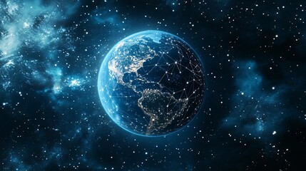 Obraz premium Earth with a Connected Network of Lines Against a Starry Sky
