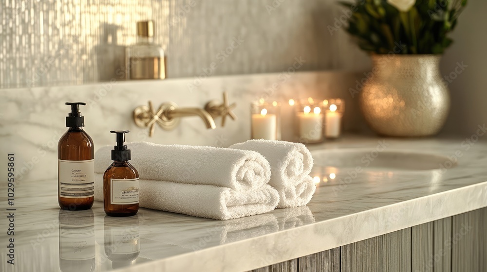 Wall mural spa scene with candles, towels, and elegant bottles on a marble countertop. high resolution illustra