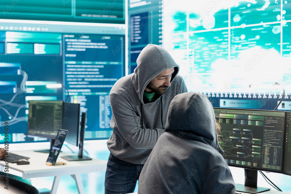 Poster professional it expert working in a governmental security operations center, analyzing data on a big
