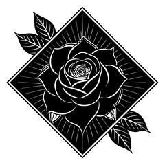  monochromatic line art quilt of flowers, pattern white background black foreground sharp edges with just one red velvet rose and space for typography, pattern white background black foreground sharp 