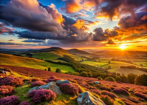 Stunning Sunset Over Cheviot Hills in Northumberland National Park - Panoramic View from Simonside Hills