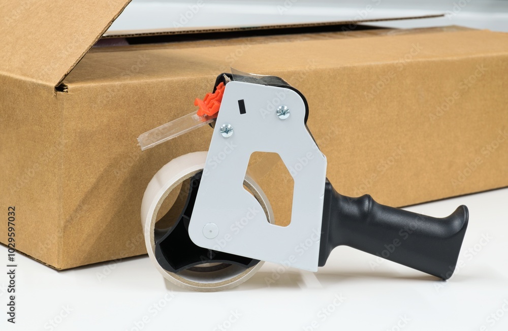 Wall mural tape gun dispenser and sealing cardboard box package shipping concept.