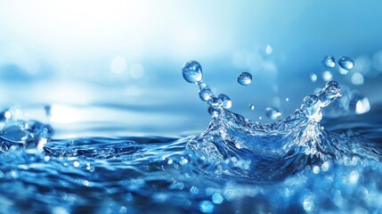 Water drops splash on blue surface. This photo is perfect for designs related to water, purity, or nature.